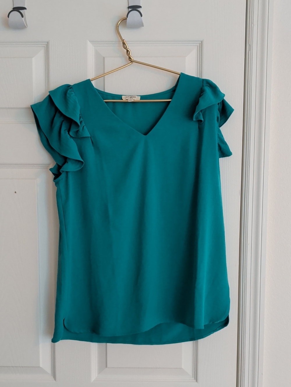 Umgee Teal Ruffle Sleeve V-Neck Blouse